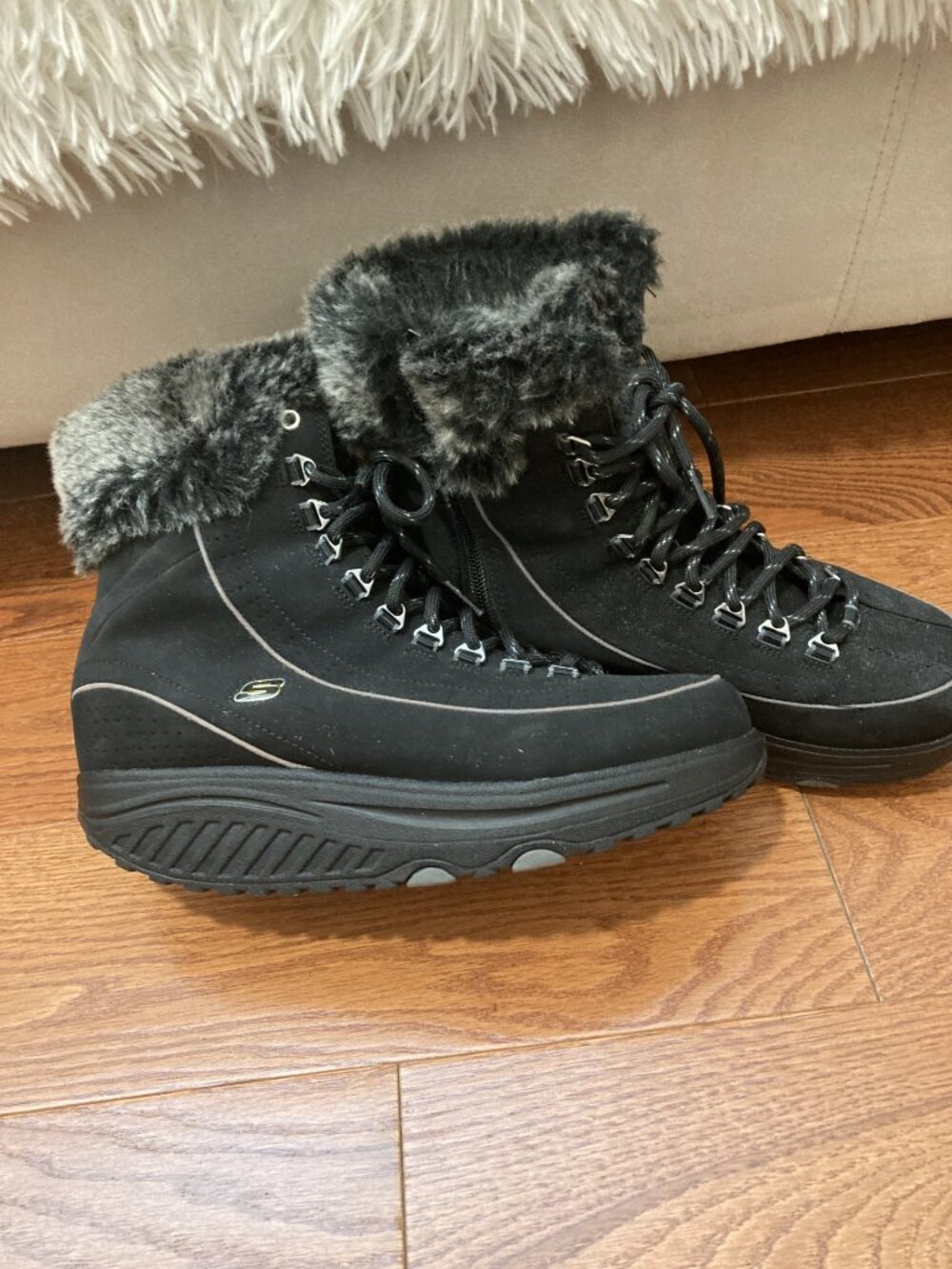 Skechers Shape-ups -Black Faux Fur Boots